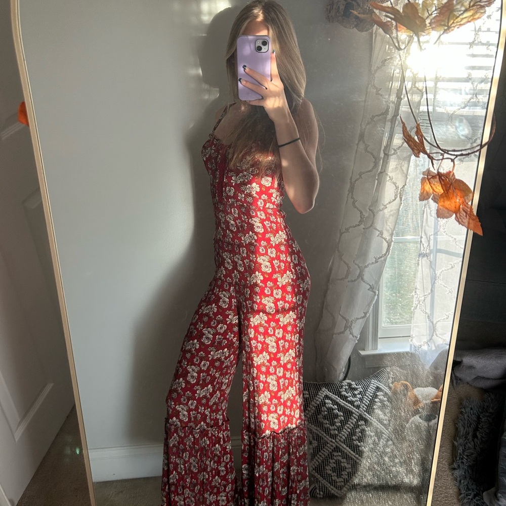 American Eagle Outfitters Red Floral Jumpsuit